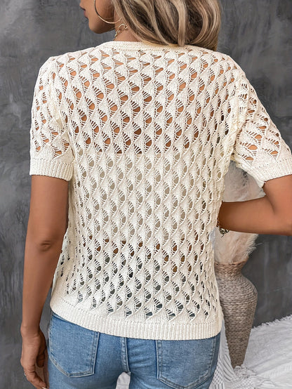 Angelique - Eleganter V-Ausschnitt Kurzarmpullover Aus Spitze